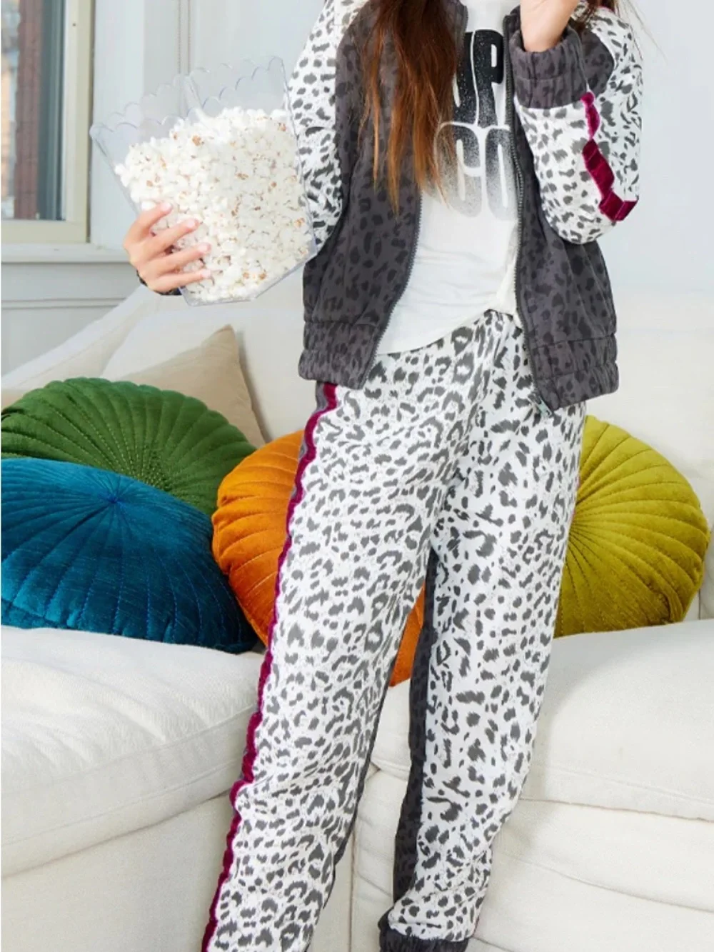kidpik White and Gray Leopard Print Two-Piece Set with Dark Pink Stripe